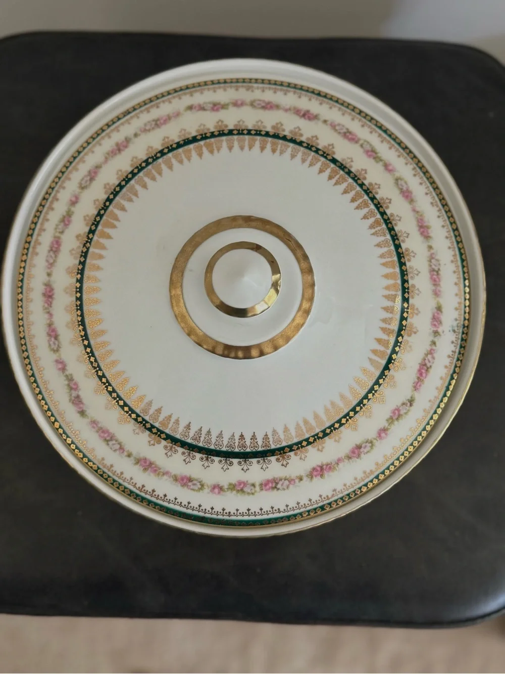 Vintage Porcelain Covered Serving Bowl in White with Gold, Green & Pink Trim